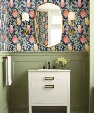 arts and crafts style tulip wallpaper in bathroom