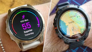 The Garmin Epix Pro on a wrist next to a Polar Grit X2 Pro on a different wrist.