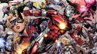 Marvel Comics artwork of Iron Lad fighting alongside the Avengers and Young Avengers