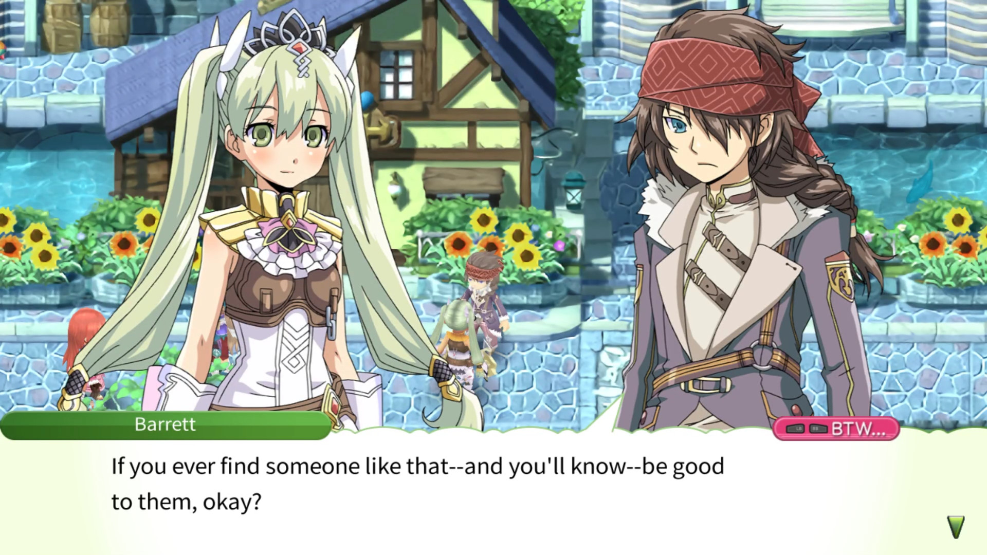 The hero talking to Barrett during one of the best farming games, Rune Factory 4: Special Edition