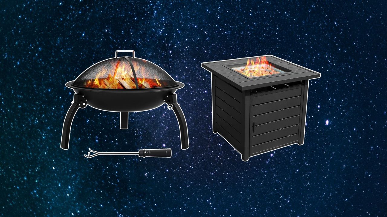 Two small outdoor fire pits on a starry blue sky background