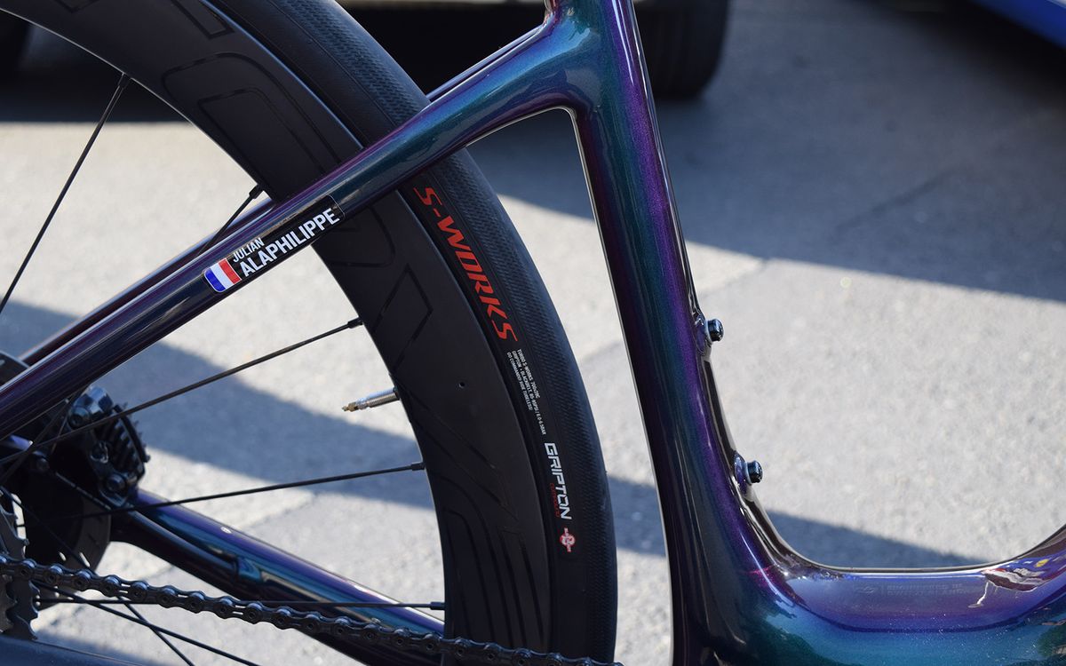 Julian Alaphilippe's name decal sits on the chain stay of his bikee