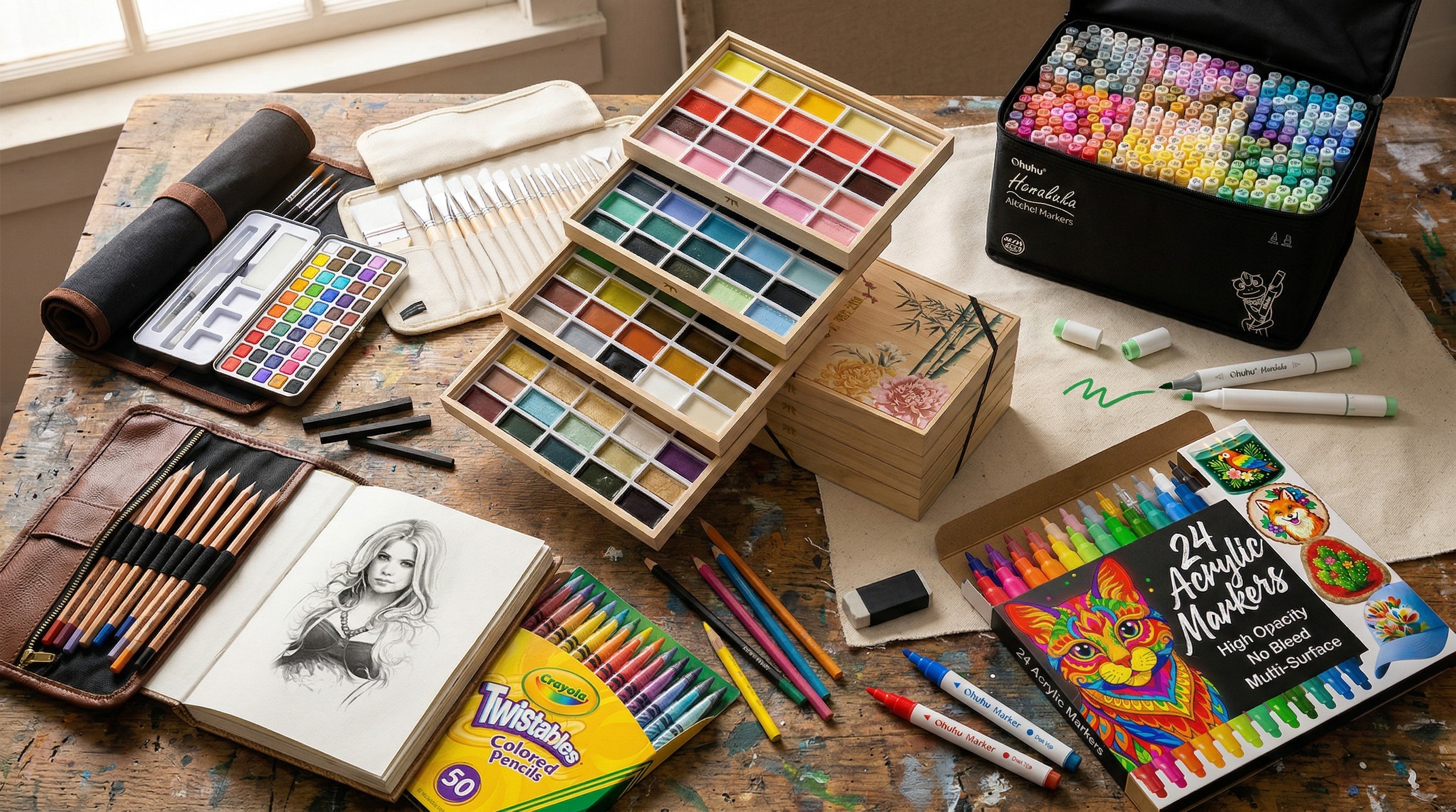 a range of art supplies on a table