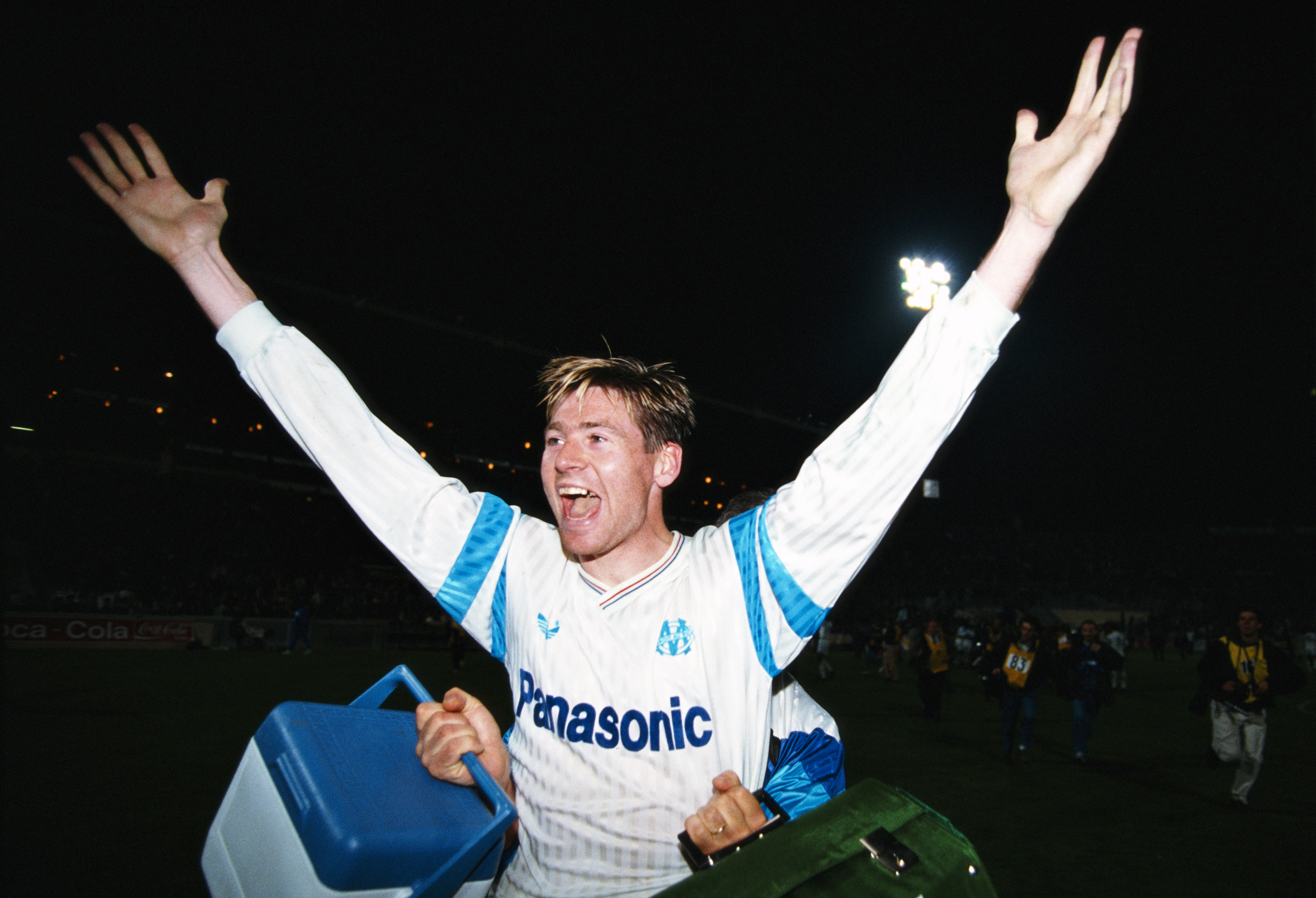 Chris Waddle celebrates victory for Marseille over AC Milan in the European Cup in March 1991.