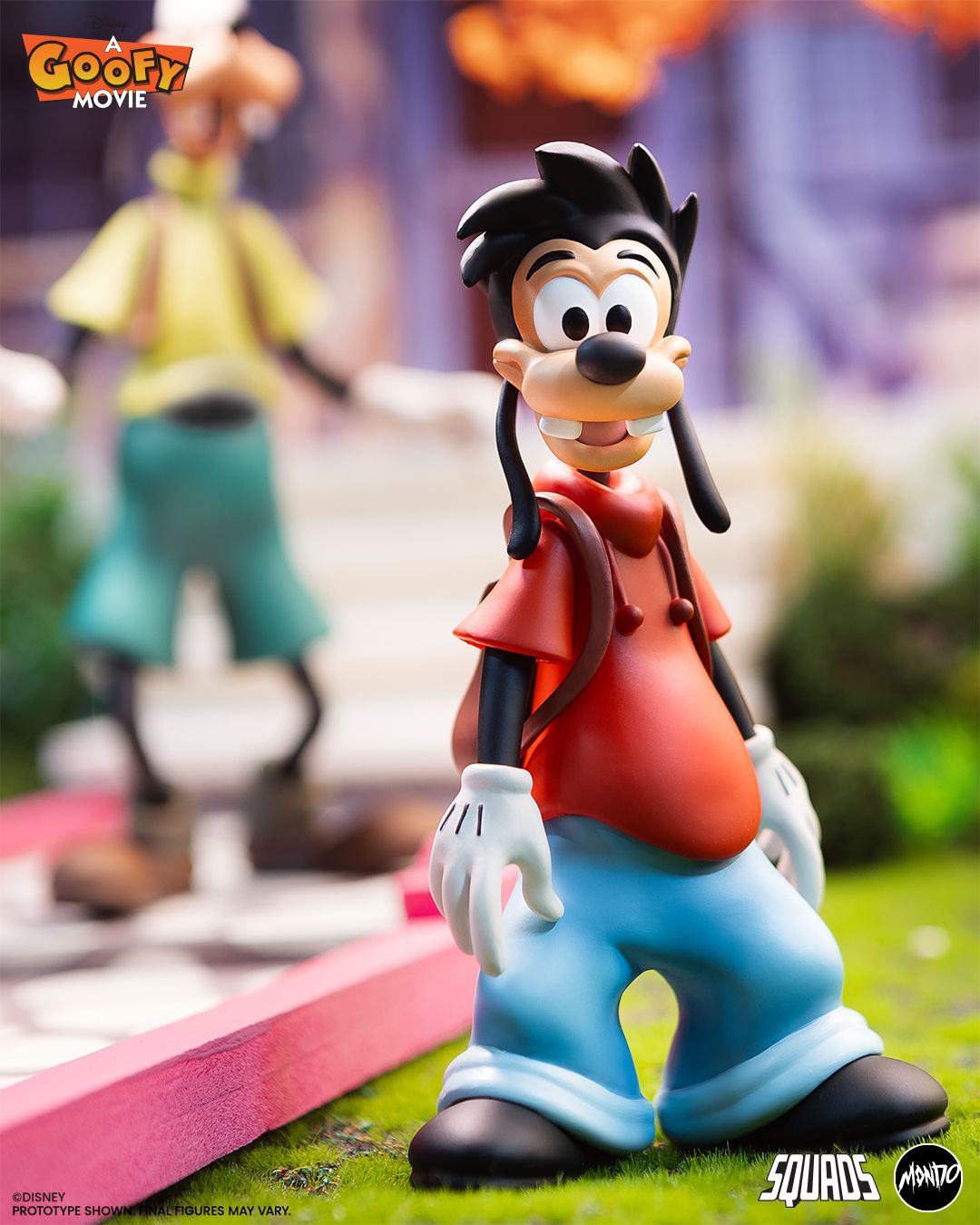 A Goofy Movie figures posing against themed backgrounds