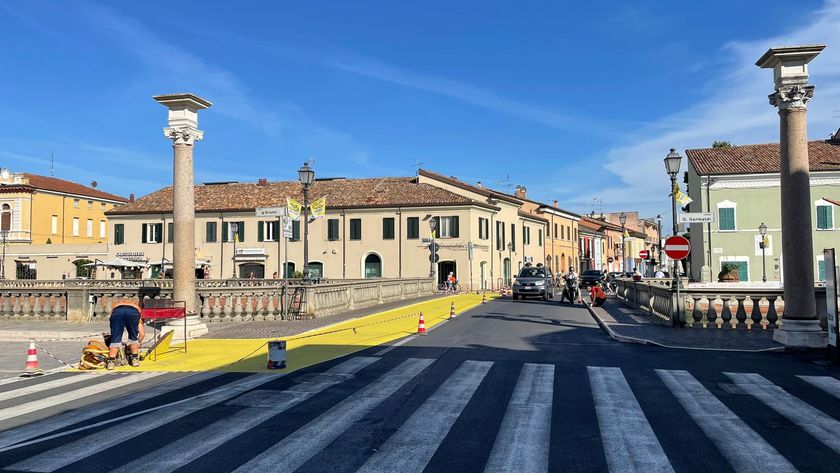 A road that was recently painted yellow for the Tour de France in Cesenatico, Italy 