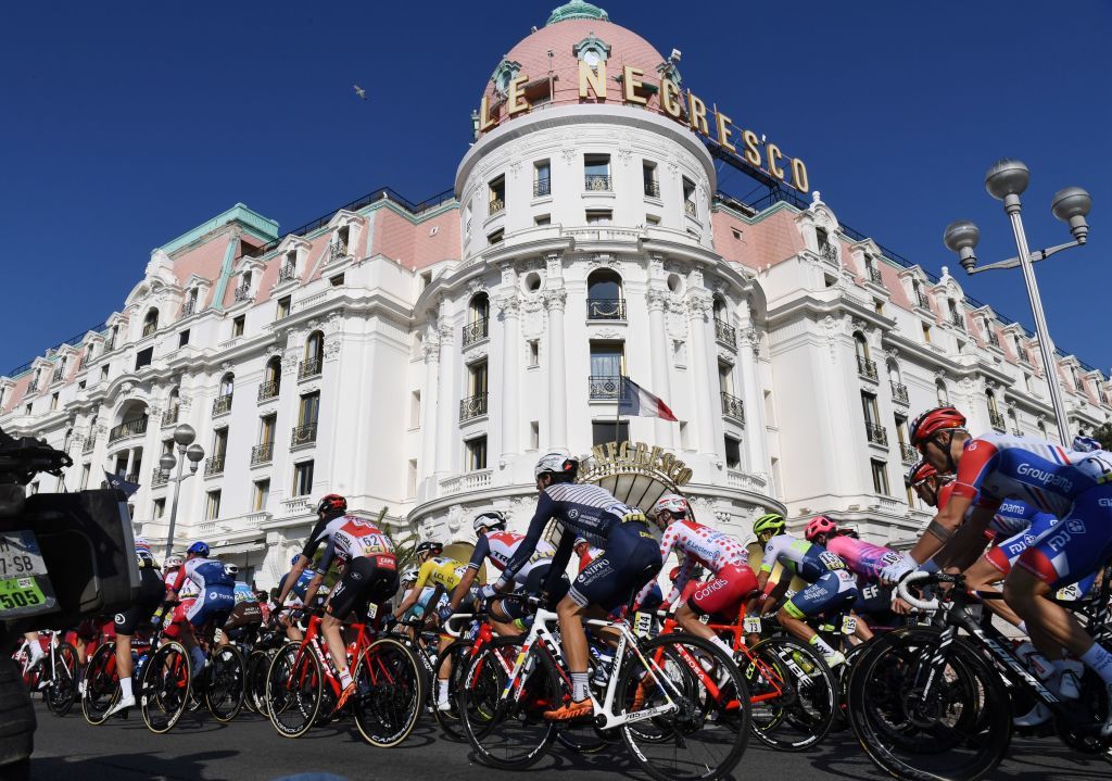 TOPSHOT The pack rides in front of Negrescos hotel in Nice during the 1665 km 7th stage of the 78th Paris Nice cycling race stage between Nice and Valdeblore La Colmiane on March 14 2020 The organizers of the 78th ParisNice cycling race announced on March 13 2020 the cancellation of the last stage scheduled for Sunday due to the coronavirus pandemic Photo by Alain JOCARD AFP Photo by ALAIN JOCARDAFP via Getty Images