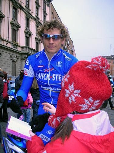 Pippo Pozatto signs for a junior tifosi before today's Milano-Sanremo start