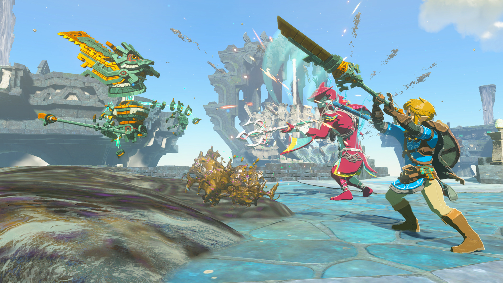 Link fighting ancient enemies alongside a Zora ally in The Legend of Zelda: Tears of the Kingdom gameplay running with the Switch 2 upgrade