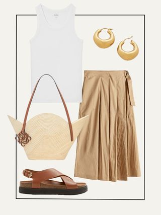 Collage of tank top, beige skirt, gold hoops, basket bag, sandals