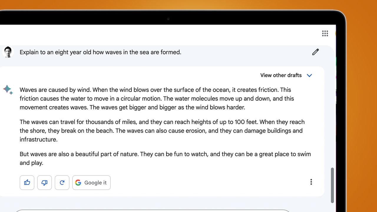 A laptop screen on an orange background showing a Google Bard response to question