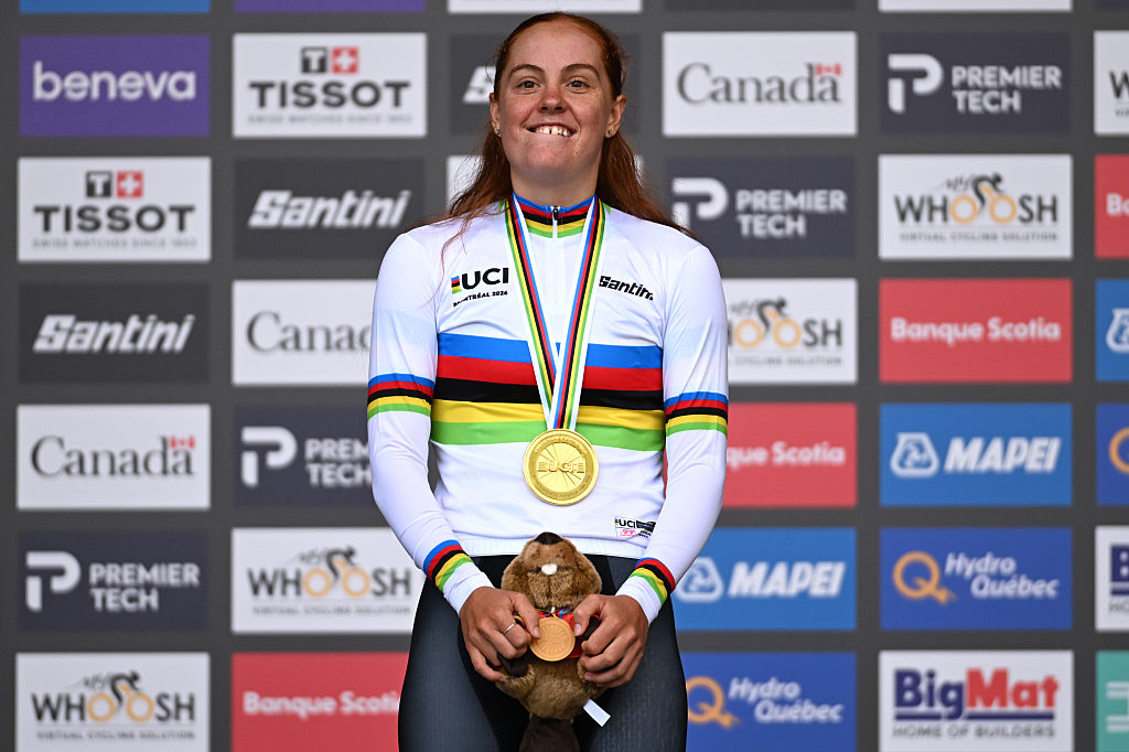 MONTREAL, QUEBEC - SEPTEMBER 21: Gold medalist Felicity Wilson-Haffenden and Team Australia poses on the podium during 99th UCI Road World Championships Montreal 2026, Women Under 23 Individual Time Trial a 20.3km race from Montreal to Montreal on September 21, 2026 in Montreal, Quebec. (Photo by Tim de Waele/Getty Images)