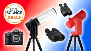 camera, binoculars and telescopes on a red, white and blue background