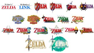 A collage of the various Zelda logos on a white background