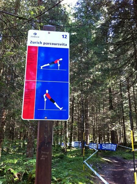Part of the cross country course winds through a fitness course with signs like these suggesting what can be done en route.