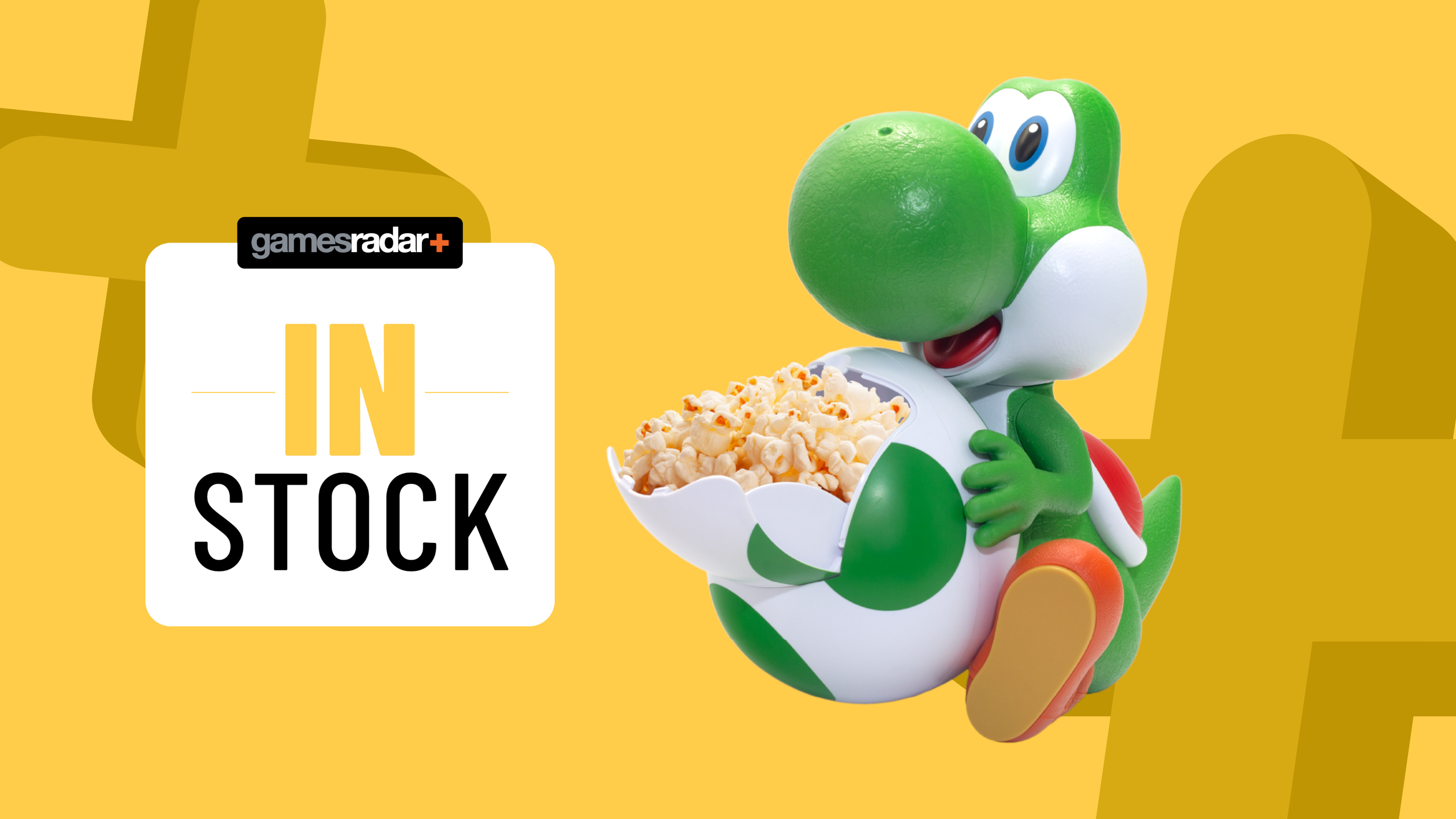 Super Mario Galaxy Movie Yoshi Popcorn Bucket collectable on a yellow background with 'in stock' badge