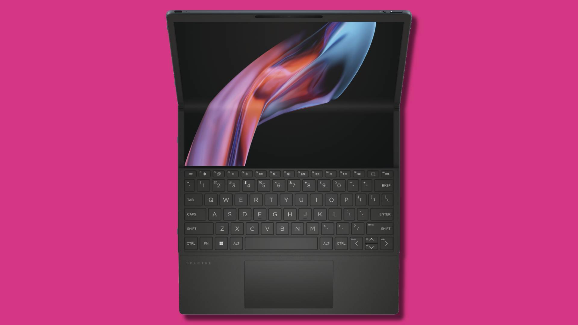 a foldable pc against a pink background