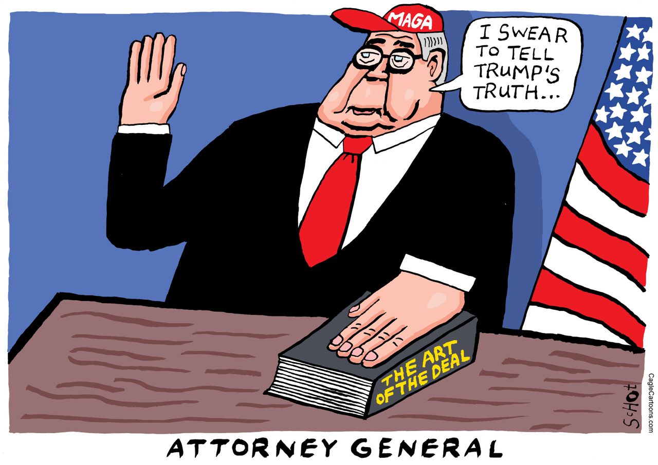 Political Cartoon U.S. Trump William Barr DOJ maga oaths the art of the deal