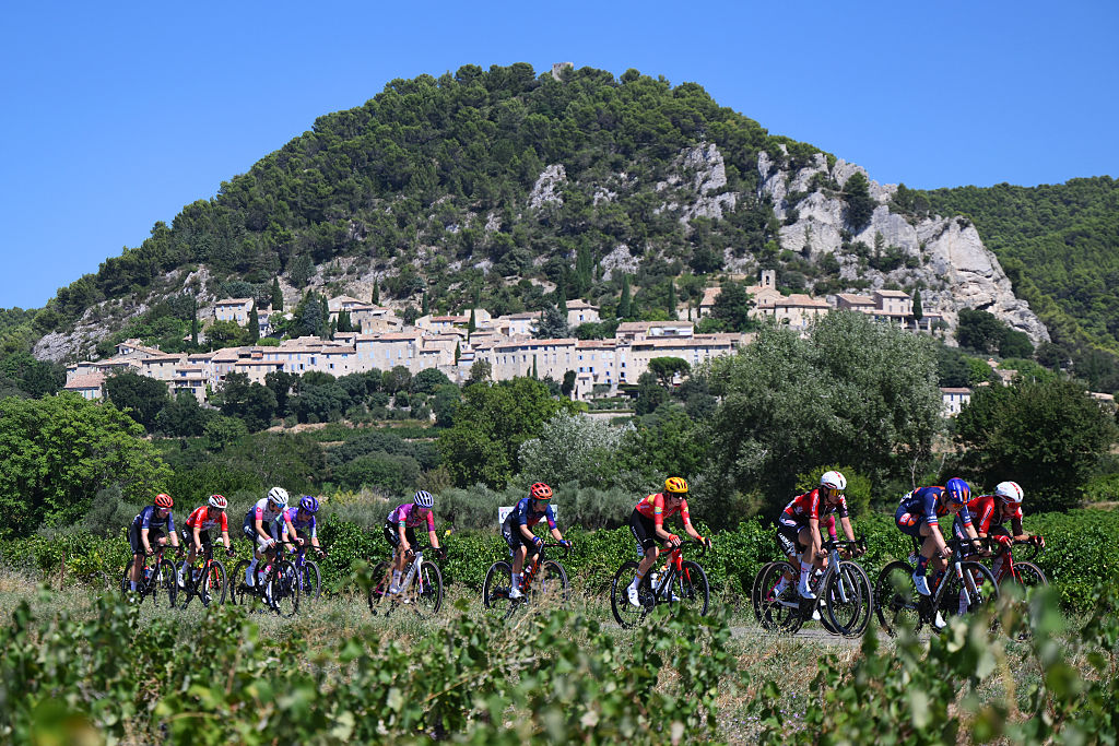 MONT VENTOUX, FRANCE - AUGUST 07: Marit Raaijmakers of Netherlands and Team Human Powered Health, Ruby Roseman-Gannon of Australia and Liv AlUla Jayco, Mia Griffin of Ireland and Team Picnic PostNL, Amalie Dideriksen of Denmark and Team Cofidis Women, Idoia Eraso Lasa of Spain and Team Laboral Kutxa - Fundacion Euskadi, Sandrine Tas of Belgium and Team Lotto Intermarche Ladies, Paula Patino Bedoya of Colombia and Team Laboral Kutxa - Fundacion Euskadi, Marte Berg Edseth of Norway and Team Uno-X Mobility, Romina Hinojosa Cruz of Mexico and Team Lotto Intermarche Ladies, Clemence Latimier of France and Team Ma Petite Entreprise and Fiona Mangan of Ireland and Team Mayenne Monbana My Pie compete in the breakaway passing Seguret village during the 5th Tour de France Femmes 2026, Stage 7 a 146.8km stage from La Voulte-sur-Rhone to Mont Ventoux 1901m / #UCIWWT / on August 07, 2026 in Mont Ventoux, France. (Photo by Alex Broadway/Getty Images)