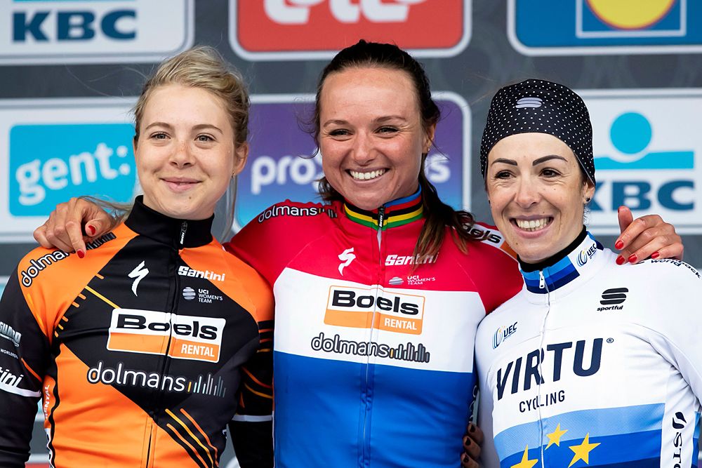 Chantal Blaak (Boels Dolmans) tops the podium at Omloop Het Nieuwsblad, Marta Bastianelli (Virtu) second and Jip van den Bos (Boels Dolmans) third