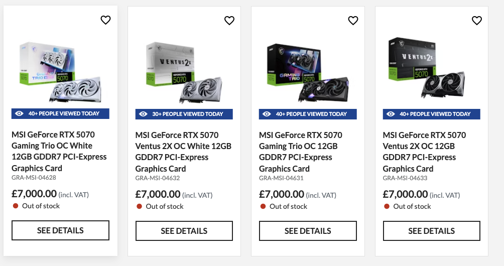 MSI RTX 5070 cards listed on Overclockers UK