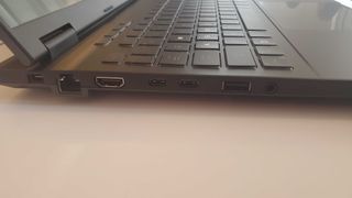 A picture of the ports on a black gaming laptop