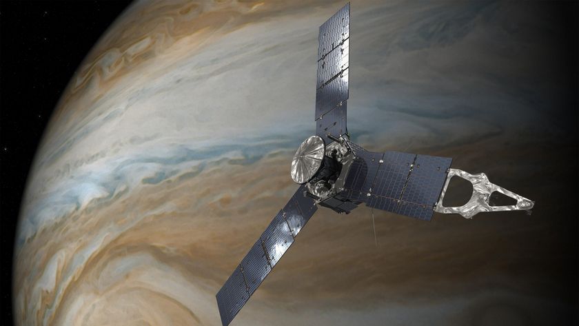 An illustration of a spacecraft with three opposing solar panels floats in front of the planet Jupiter, its blue and brown clouds swirling on its surface