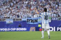KANSAS CITY, MISSOURI - JUNE 16: Lionel Messi #10 of Argentina celebrates after scoring the team's first goal during the FIFA World Cup 2026 Group J match between Argentina and Algeria