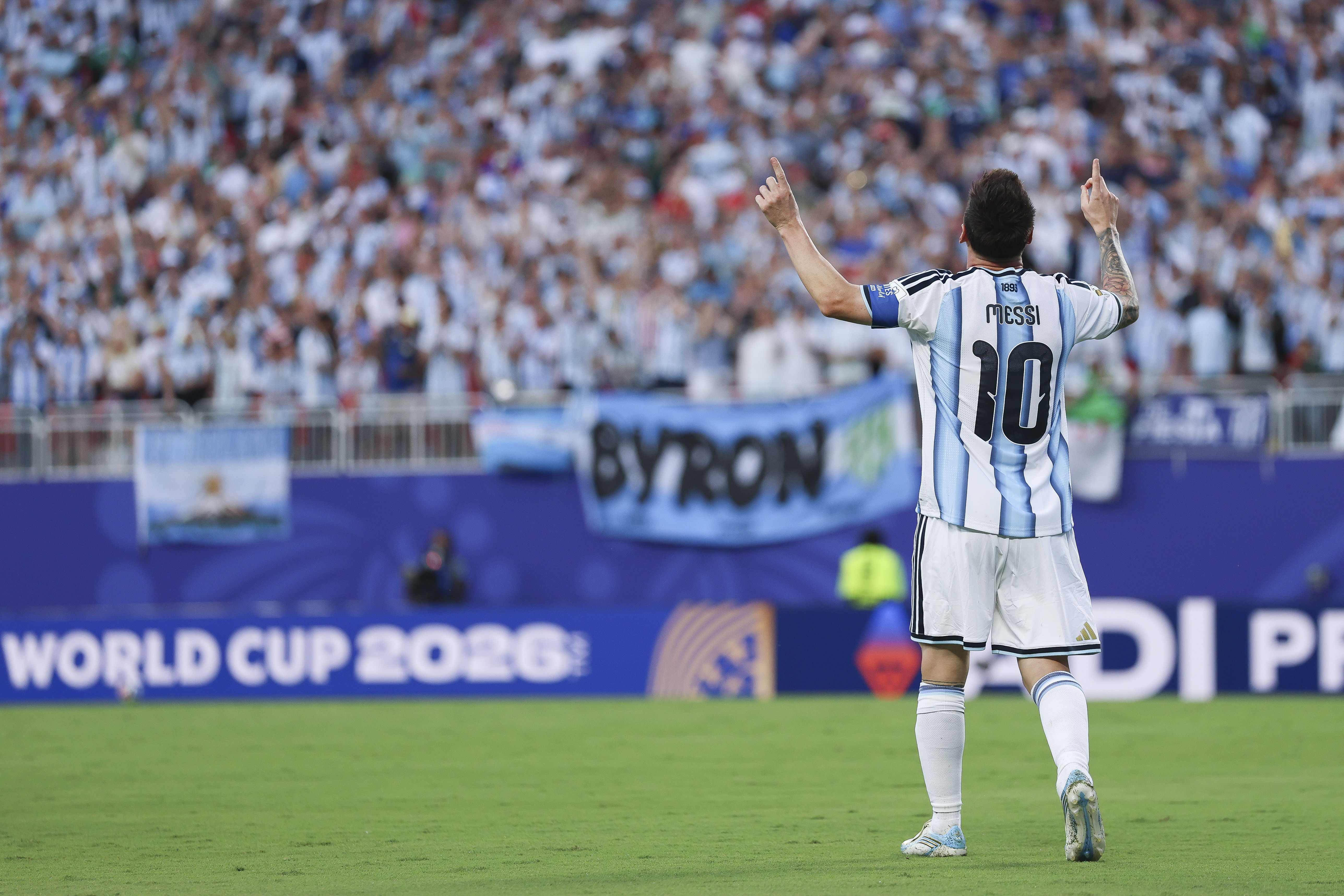 KANSAS CITY, MISSOURI - JUNE 16: Lionel Messi #10 of Argentina celebrates after scoring the team's first goal during the FIFA World Cup 2026 Group J match between Argentina and Algeria