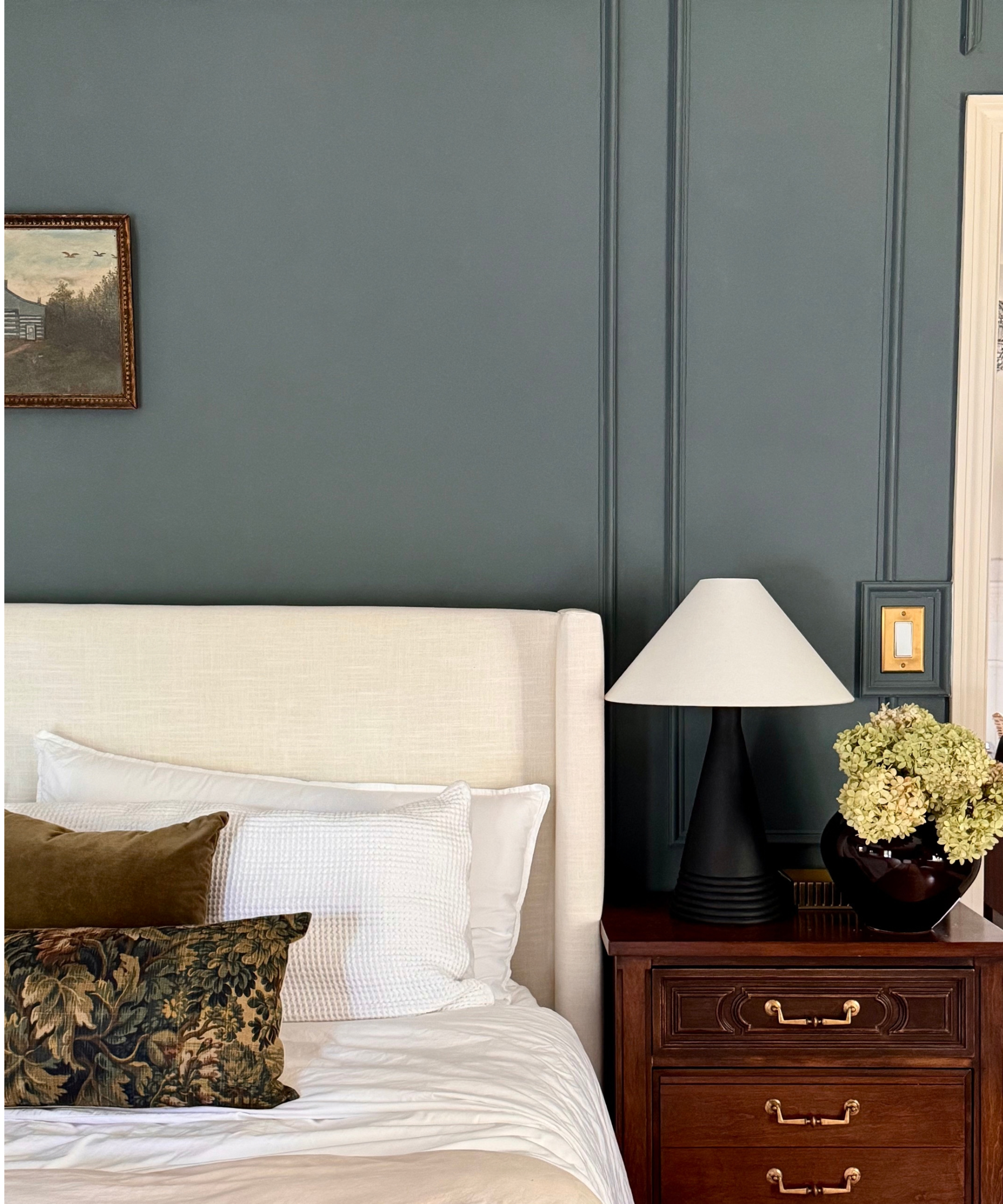 blue bedroom white bed