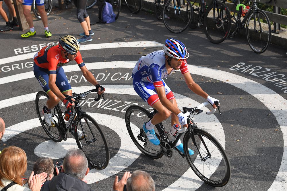 Thibaut Pinot and Vincenzo Nibali ride near the end of Il Lombardia