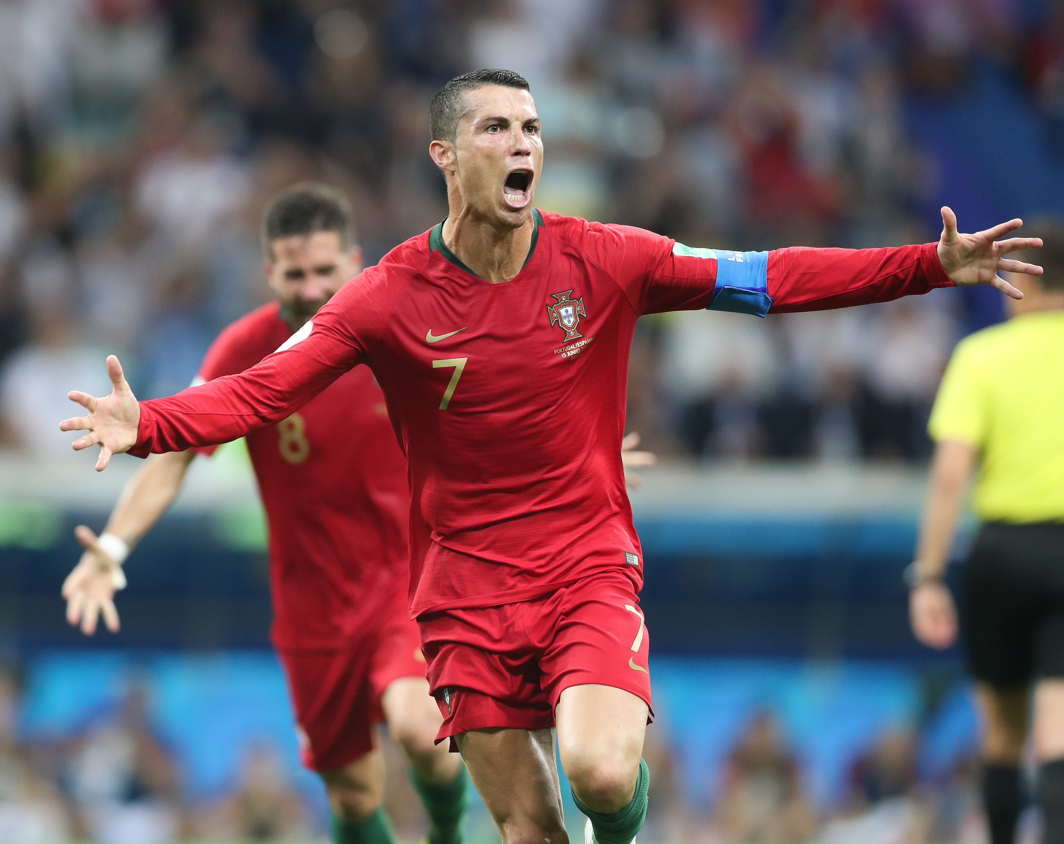 Cristiano Ronaldo celebrates one of his three goals for Portugal against Spain at the 2018 World Cup.