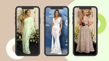 three red carpet dress looks from Jennifer Lopez, Jennifer Aniston and Reese Witherspoon in smartphone templates on a brown and light green background