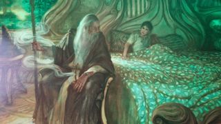 One of the paintings inside the 2023 Official Tolkien Calendar of Gandalf and Frodo in Rivendell
