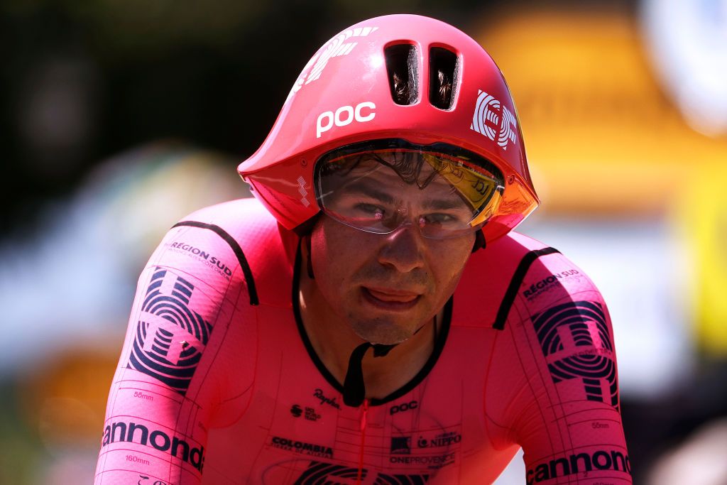 SAINTEMILION FRANCE JULY 17 Stefan Bissegger of Switzerland and Team EF Education Nippo at arrival during the 108th Tour de France 2021 Stage 20 a 308km Individual Time Trial Stage from Libourne to SaintEmilion 75m ITT LeTour TDF2021 on July 17 2021 in SaintEmilion France Photo by Chris GraythenGetty Images