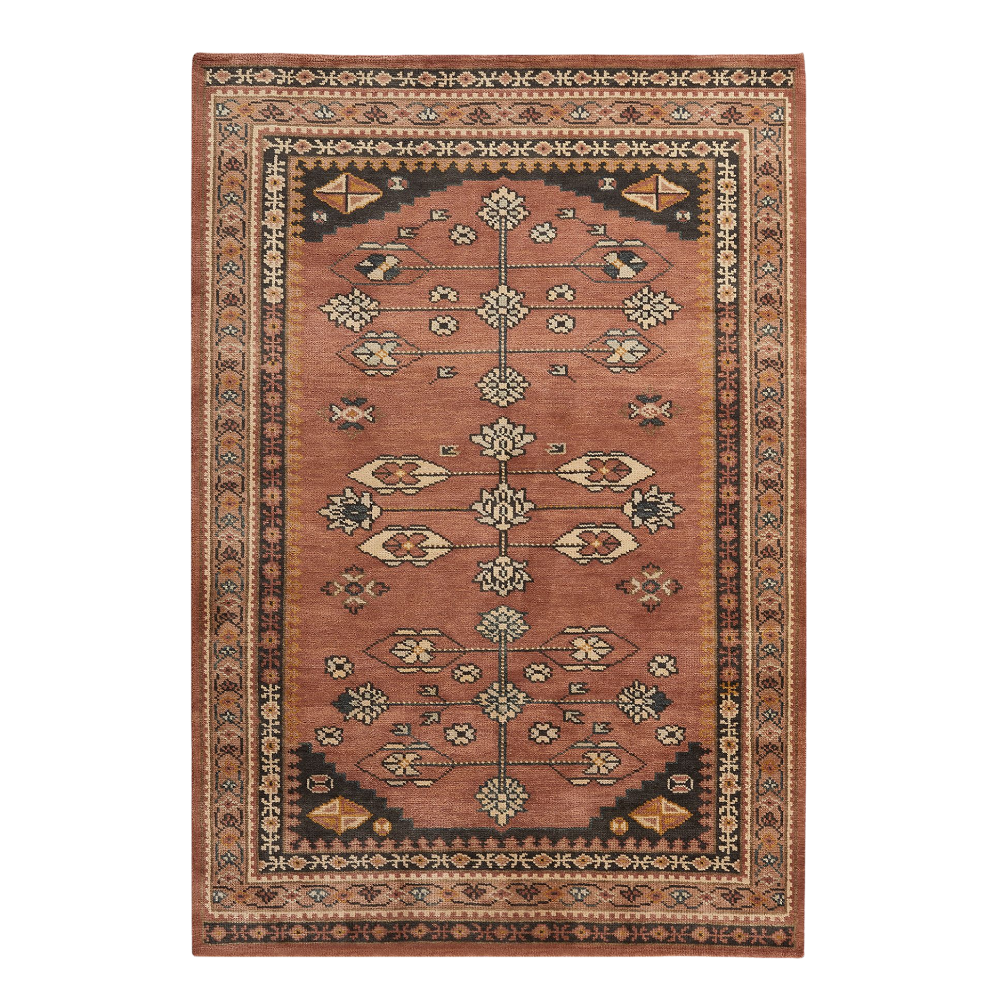 a vintage inspired rug in rust red with geometric details