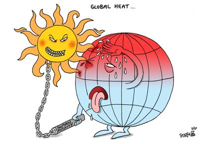 Editorial cartoon World global heat climate change heat stroke deaths wildfires