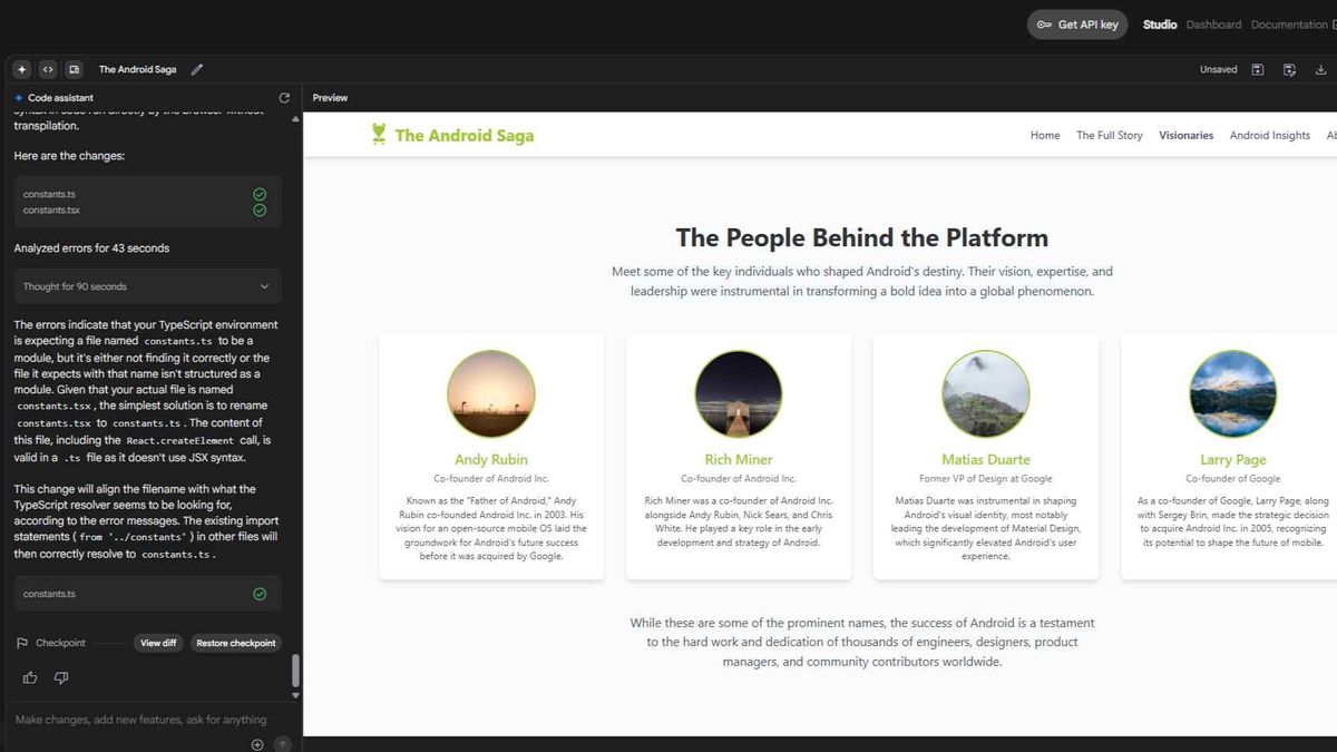 Google Gemini 2.5 Flash Preview results from complex prompt to create Android History website