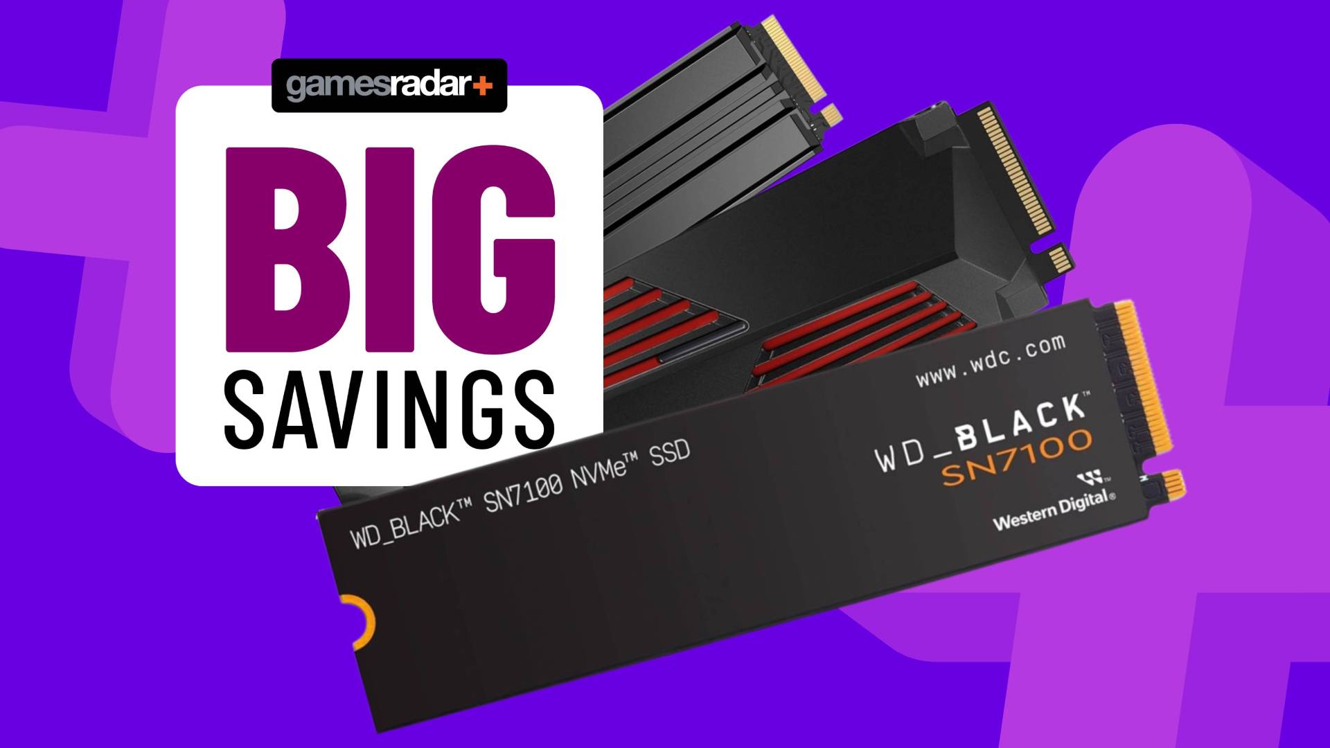 Images of a Western Digital, Samsung and Lexar SSD on a dark purple GamesRadar background.