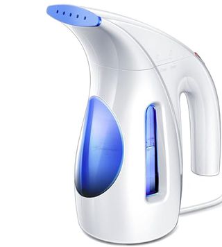 A white Hilife Steamer for Clothes, with handle and blue water tank