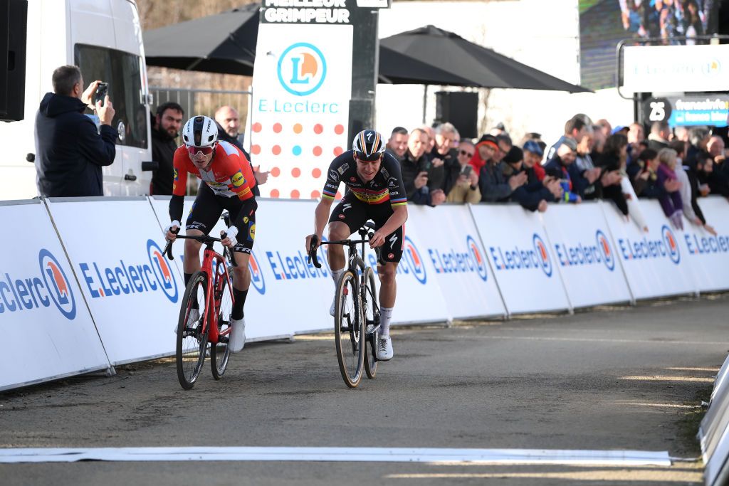 MONT BROUILLY FRANCE MARCH 06 LR Mattias Skjelmose of Denmark and Team Lidl Trek and Remco Evenepoel of Belgium and Team Soudal Quick Step cross the finish line during the 82nd Paris Nice 2024 Stage 4 a 183km stage from ChalonsurSane to Mont Brouilly 476m UCIWT on March 06 2024 in Mont Brouilly France Photo by Alex BroadwayGetty Images
