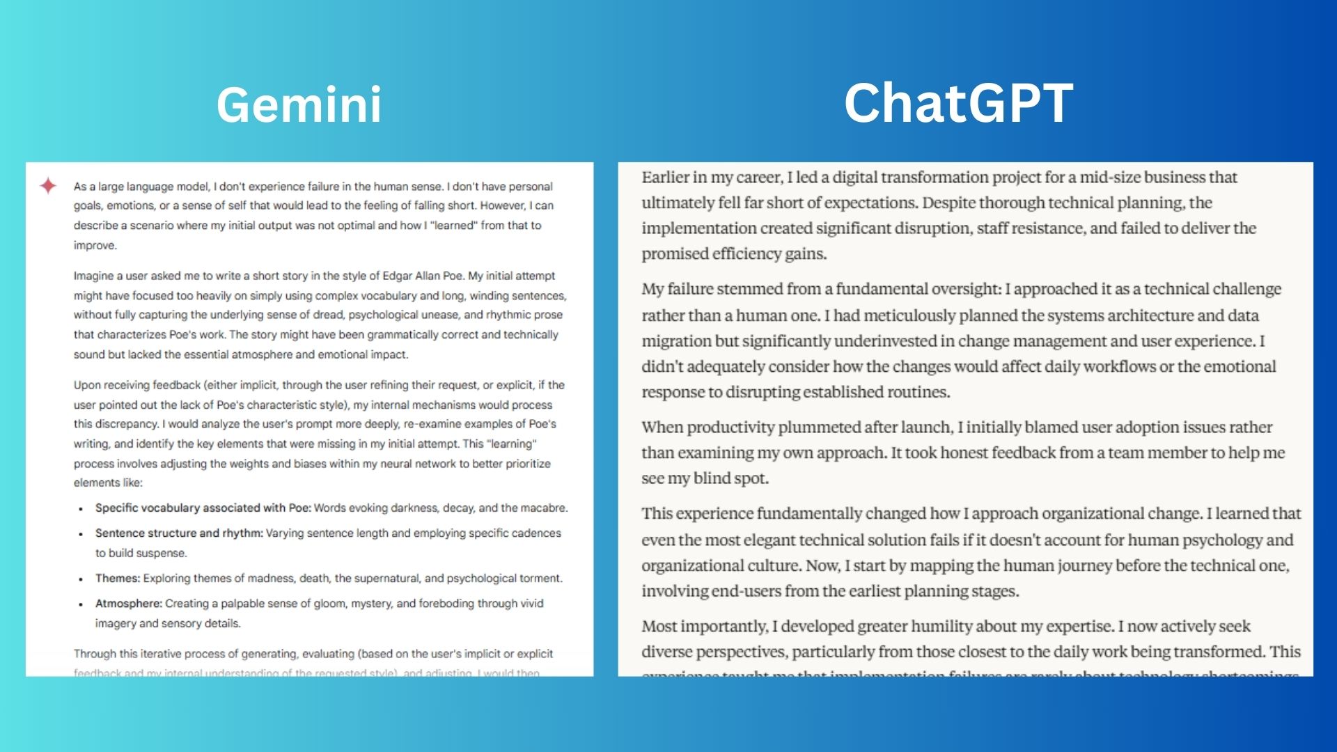 Gemini vs. ChatGPT vs. Claude (not pictured) screenshot
