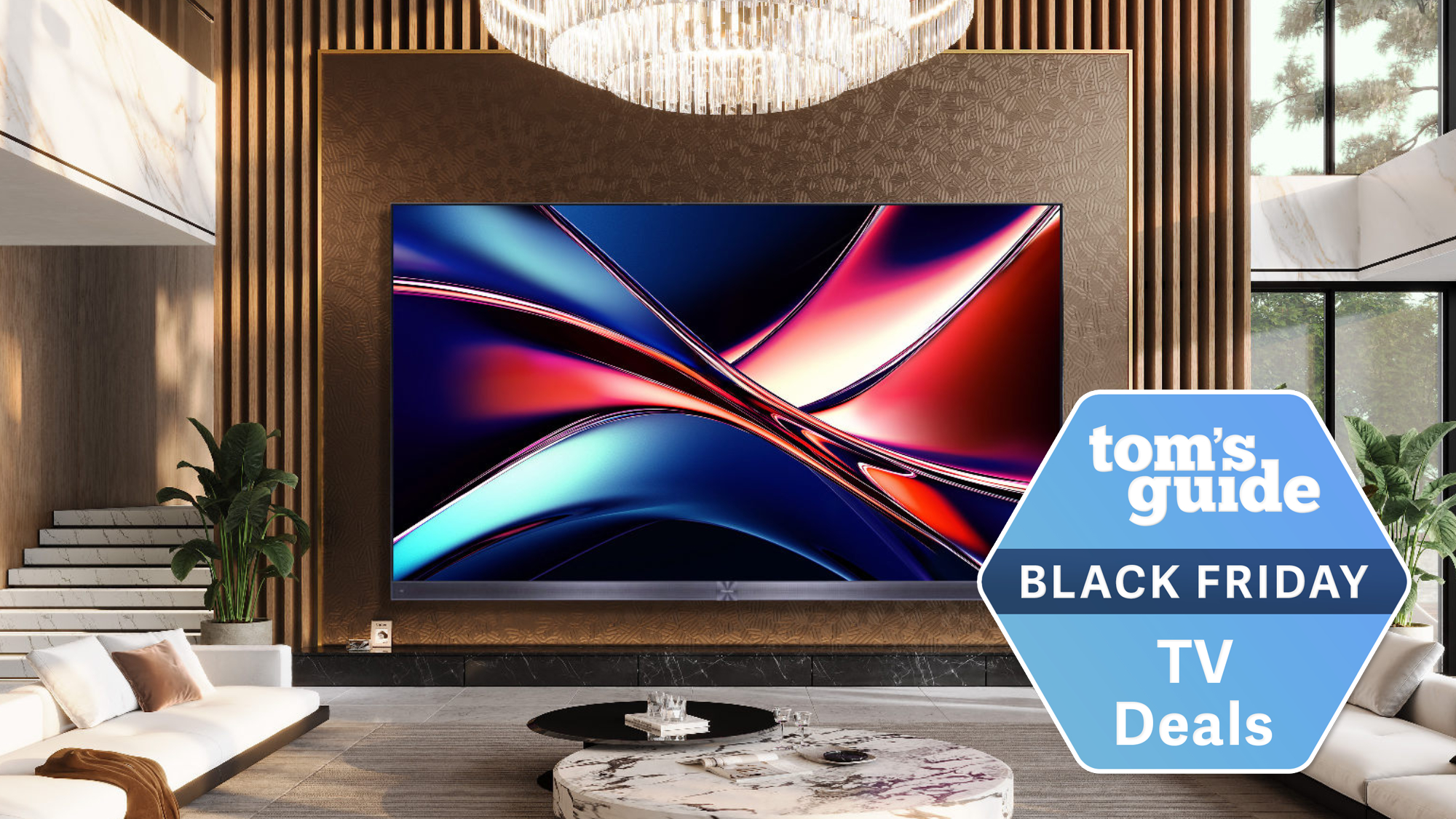 Hisense U8QG on wall in living room with Black Friday tag