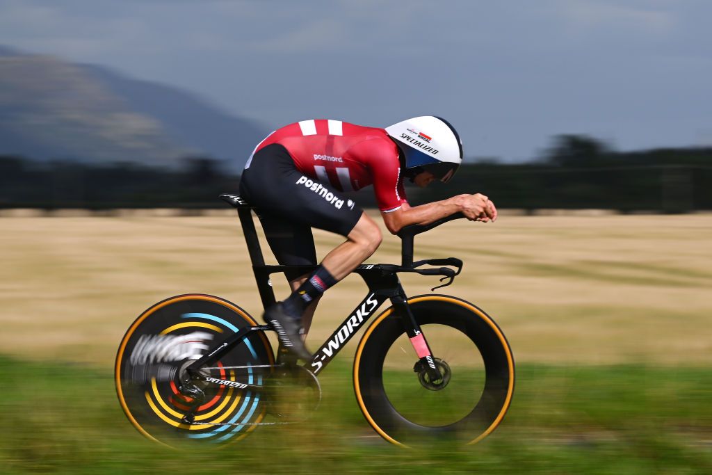 STIRLING SCOTLAND AUGUST 11 Kasper Asgreen of Denmark sprints during the Men Elite Individual Time Trial a 478km race from Stirling to Stirling at the 96th UCI Cycling World Championships Glasgow 2023 Day 9 UCIWT on August 11 2023 in Stirling Scotland Photo by Dario BelingheriGetty Images