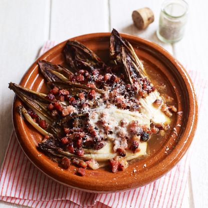braised chicory with crispy bacon and parmesan