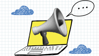 Halftone loudspeaker sticking out of laptop. Modern collage. Doodle style laptop and clouds on a checkered sheet. Trendy newspaper bullhorn.
