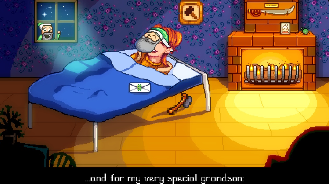 Stardew Valley mod - Robin lying on a bed wearing a grandpa mask.