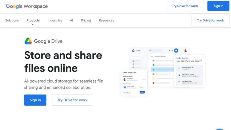 Website screenshot of Google Drive (August, 2025)