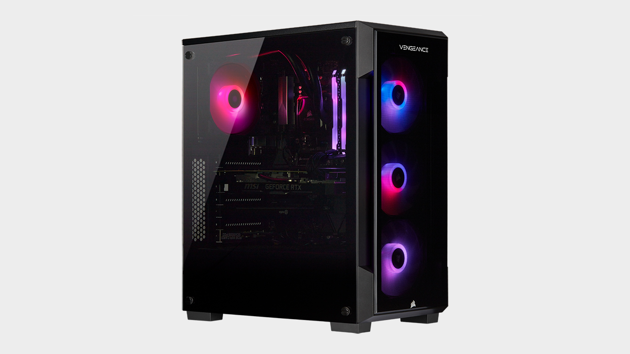 Corsair Vengeance gaming PC pictured from the side on a grey background