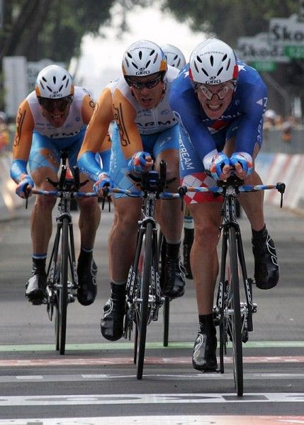 American time trial champion David Zabriskie was the first to cross the line for Garmin - Slipstream.